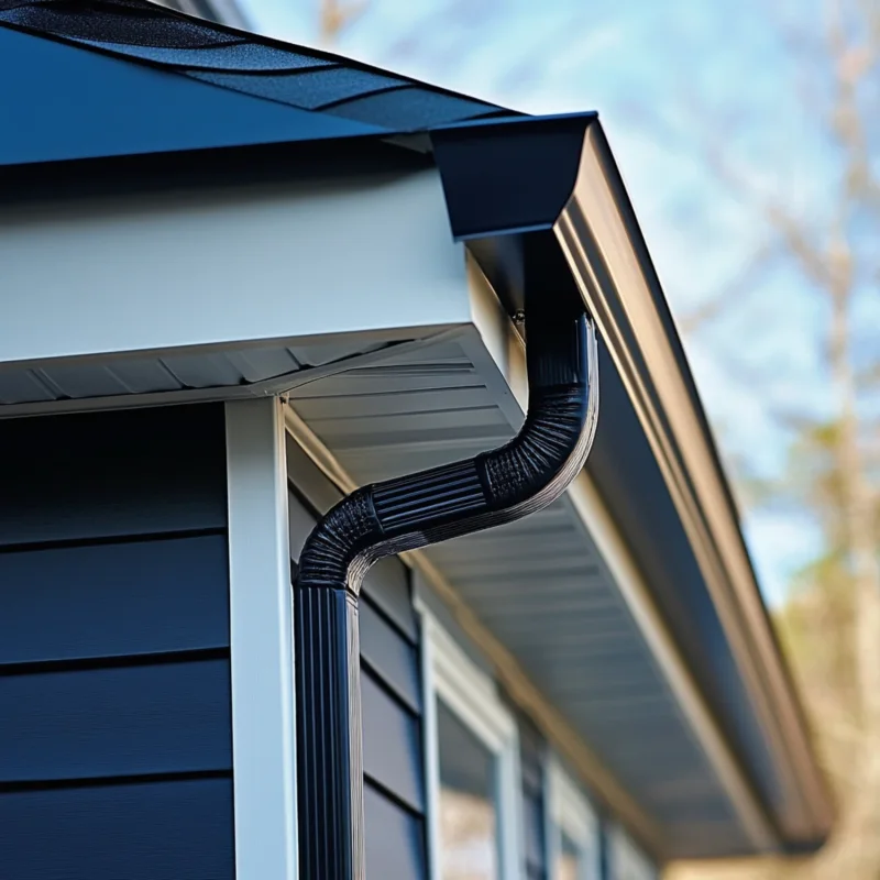 Modern dark exterior home with seamless gutters in Commerce City