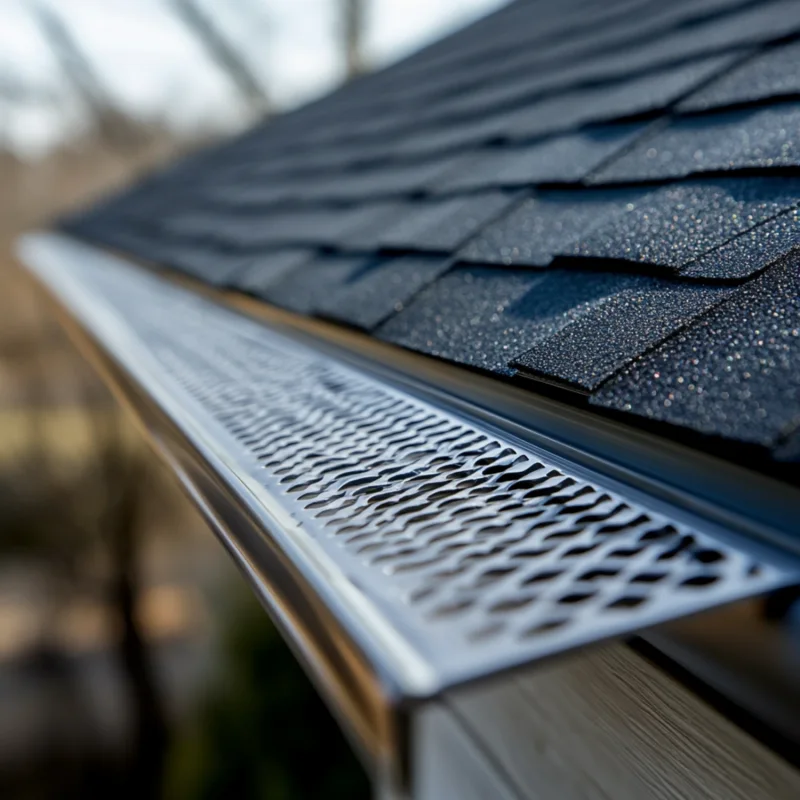 Close-up of metal gutter guard installed along asphalt shingles in Lakewood